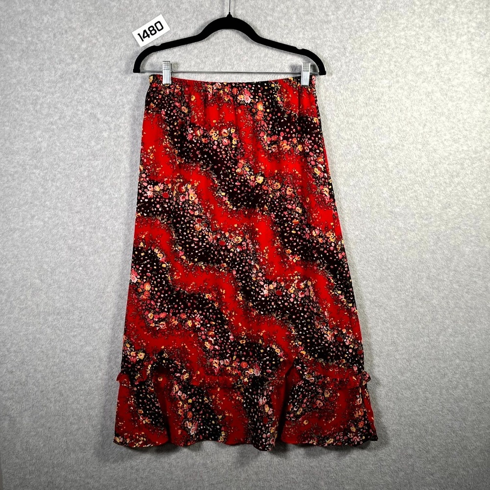 Stonebridge Maxi Skirt Womens Medium Petite Red Black Floral Print Ruffle Hem